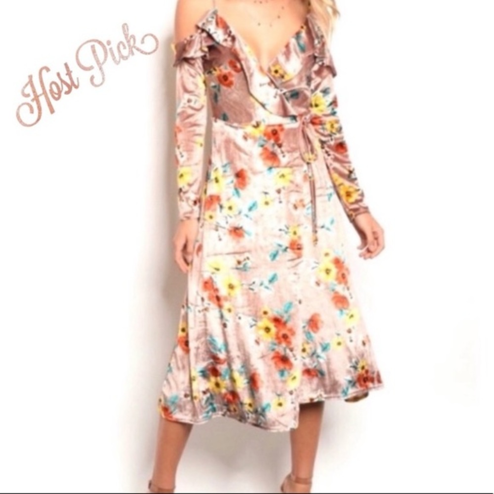 ✨HP✨NEW LUSCIOUS VELVET FLORAL COLD SHOULDER SLIP WRAP DRESS✨LONG SLEEVE‎ - Picture 8 of 10